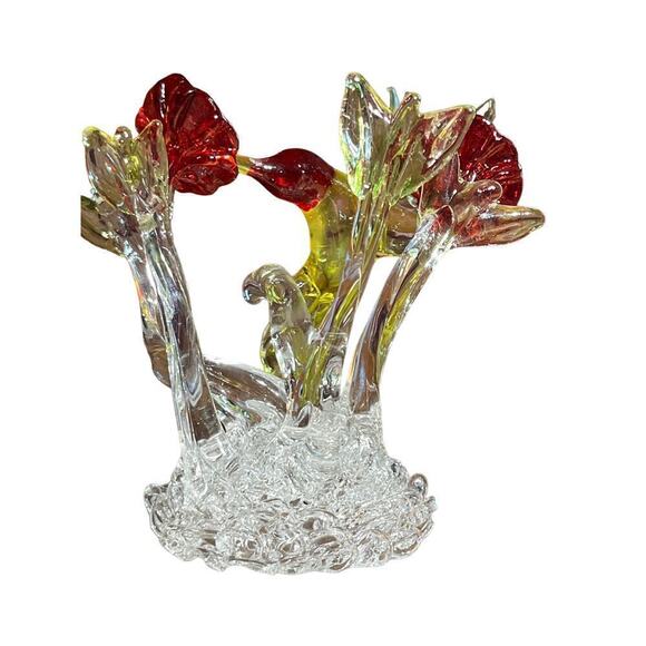 Beautiful Glass Hummingbird Figurine with Flowers. Red/Green. Shelf Decor. Bird. - Picture 3 of 8